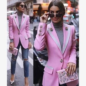 Pink Satin Roses Structured Blazer Vintage Inspired